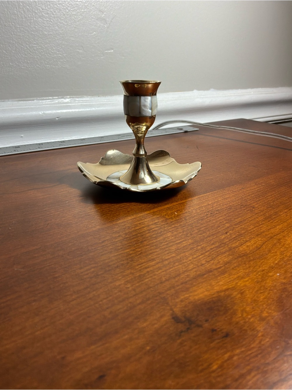 Vintage Brass and Pearl Inlaid Candle Holder